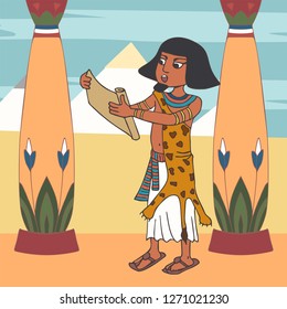 ancient egyptian priest reading papyrus scroll at palace, funny vector historical cartoon illustration