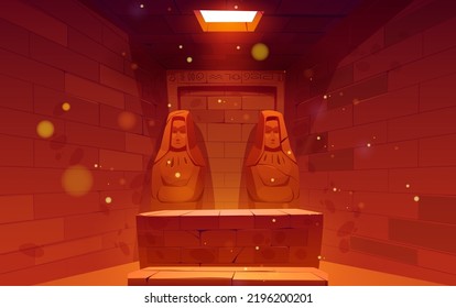 Ancient Egyptian pyramid inside. Pharaoh tomb with stone sarcophagus and statues. Room interior in old temple in Egypt with sculptures and hieroglyphs on wall, vector cartoon illustration