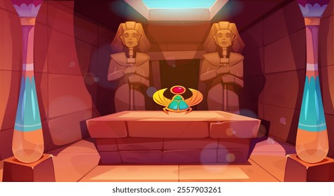 Ancient Egyptian pyramid interior. Pharaoh tomb with stone sarcophagus decorated with golden crown. Old temple room with traditional Egyptian statues or sculptures. Cartoon vector illustration