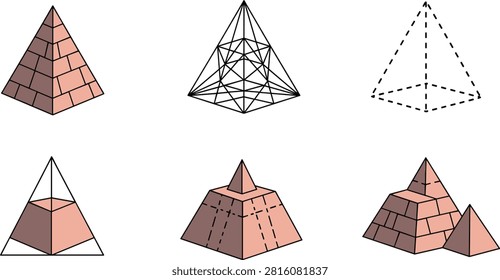 Ancient Egyptian Pyramid Structures with Geometric Construction Diagrams and Stone Pyramid Set in Flat Vector