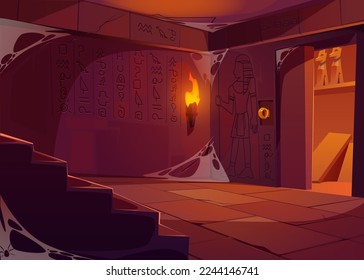 Ancient Egyptian pyramid treasury interior with open door. Cartoon vector illustration of antique pharaoh tomb with sculptures and mysterious hieroglyphs on wall covered with spiderweb and cracks