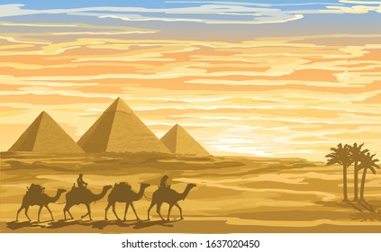 Ancient Egyptian Pyramids and the Caravans in the Desert, vector illustration isolated, EPS