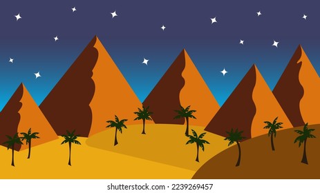 The ancient egyptian pyramids in the desert. Blue night sky with bright stars. Palms on golden sand dunes