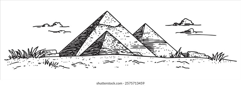 ancient egyptian pyramids with desert and clouds hand-drawn sketch doodle