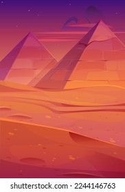 Ancient Egyptian pyramids at dusk. Cartoon vector illustration of antique pharaoh tomb buildings in desert under colorful evening sky with stars. Famous tourist landmark. Adventure game background