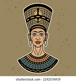 Ancient egyptian queen nefertiti vector illustration in colorful cartoon style isolated on light background