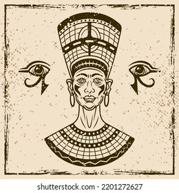 Ancient egyptian queen nefertiti vector illustration in vintage style on background with removable textures