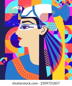 Ancient Egyptian Queen Reimagined in Vibrant Geometric Art with Modern Tech Elements