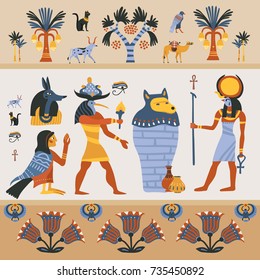 Ancient egyptian religion design on light background with gods, hieroglyphs, palm trees, decoration from flowers vector illustration