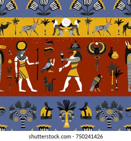 Ancient egyptian religion seamless pattern with gods, hieroglyphic symbols, floral decoration on colorful background vector illustration