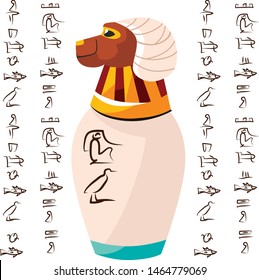 Ancient Egyptian ritual vase with ram head and hieroglyphs cartoons vector illustration. Decorative urn for sacrifice to god Khnum or storage of temple treasures, isolated on white background