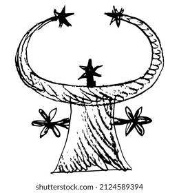 Ancient Egyptian sacral symbol. Standing goddess with raised crescent hands and starry head. Hand drawn linear doodle rough sketch. Black silhouette on white background.