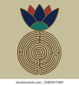 Ancient Egyptian sacred lotus on a round spiral maze or labyrinth symbol. Creative concept.