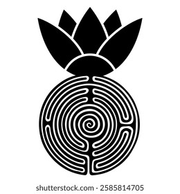 Ancient Egyptian sacred lotus on a round spiral maze or labyrinth symbol. Creative concept. Black and white silhouette.