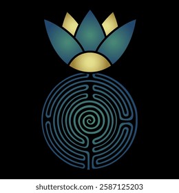 Ancient Egyptian sacred lotus on a round spiral maze or labyrinth symbol. Creative concept.