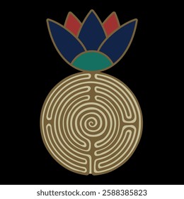 Ancient Egyptian sacred lotus on a round spiral maze or labyrinth symbol. Creative concept.