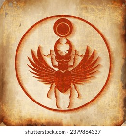 Ancient Egyptian sacred scarab stag beetle horns with wings. Red logo silhouette vector insect isolated on parchment background. Symbol of the old Egyptians of the god of the sun in circle shape