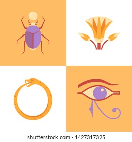 Ancient Egyptian sacred symbols icon set in flat style. Scarab beetle, left eye of Ra, lotus and Ouroboros. Vector illustration.