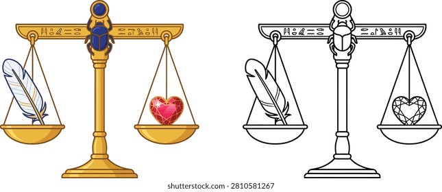 An ancient Egyptian scale balances a feather and a heart symbolizing truth and judgment in the afterlife