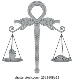 Ancient Egyptian scales of the judgement of Osiris. Anubis scales weighing a heart, Egyptian scales with eyes of Horus