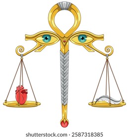 Ancient Egyptian scales of the judgement of Osiris. Anubis scales weighing a heart, Egyptian scales with eyes of Horus