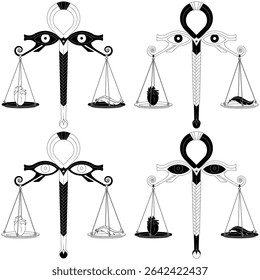 Ancient Egyptian scales of the judgement of Osiris. Anubis scales weighing a heart, Egyptian scales with eyes of Horus