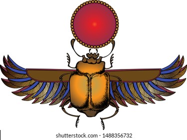 Ancient Egyptian scarab. Suitable for posters, cards, tattoo. Vector illustration. Engraving style