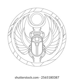 Ancient Egyptian scarab with wings line vector illustration