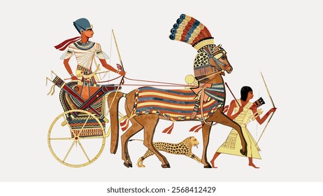 Ancient Egyptian scene with a chariot, pharaoh, and servant. The pharaoh wears a headdress, and a cheetah walks beside the horse. Historical Egyptian art. Vintage art, isolated vector element.