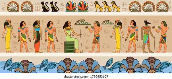 Ancient Egyptian scene with queen and servants or courtiers with border of symbols in a panorama banner, colored vector illustration