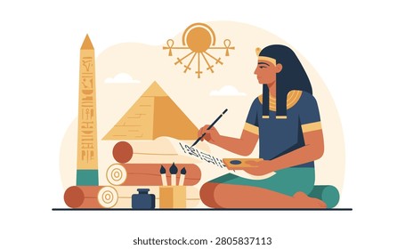 Ancient Egyptian scribe sitting on the floor and writing hieroglyphs on a papyrus scroll next to a pyramid and obelisk.