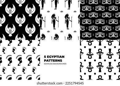 Ancient Egyptian seamless pattern set. Religious paganistic seamless backgrounds in hieroglyphical mural style. Egyptian gods and pharaohs patterns. Vector illustration