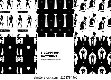 Ancient Egyptian seamless pattern set. Religious paganistic seamless backgrounds in hieroglyphical mural style. Egyptian gods and pharaohs patterns. Vector illustration