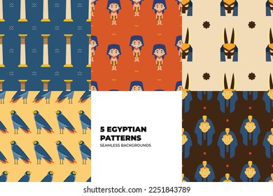 Ancient Egyptian seamless pattern set. Religious paganistic seamless backgrounds in hieroglyphical mural style. Egyptian gods and pharaohs patterns. Vector illustration