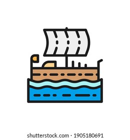 Ancient Egyptian Ship, Boat, Felucca Flat Color Line Icon.