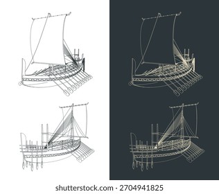 Ancient Egyptian ship stylized vector illustrations