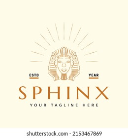 Ancient egyptian sphinx head line art logo design concept. Brand logo inspiration innovating simple line art egyptian sphinx logo