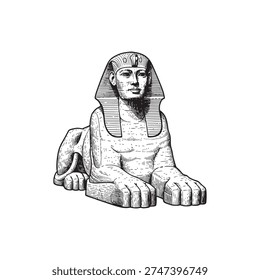 Ancient Egyptian Sphinx Statue, Engraving Style, Historical Landmark