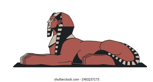 ancient Egyptian sphinx, for tourist logo or emblem, symbol of Egypt, lion with human head, vector illustration with black contour lines isolated on white background in cartoon and hand drawn style