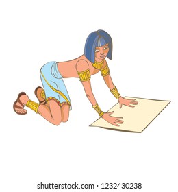 Ancient Egyptian spreading a piece of papyrus on the ground.