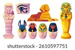 Ancient Egyptian statues set - pharaoh sarcophagi and figurine, Sphinx, vases with animal heads, Eye of Horus fragment. Historical tomb stone sculptures, archaeological artifacts, museum exhibit items