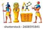 Ancient Egyptian stone pharaoh statues set - Anubis holding ankh, golden sarcophagus with mask, Thoth with writing tools, hieroglyphs on tablet. Historical art and culture elements, antique tomb decor