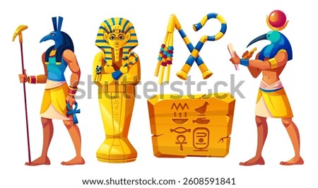 Ancient Egyptian stone pharaoh statues set - Anubis holding ankh, golden sarcophagus with mask, Thoth with writing tools, hieroglyphs on tablet. Historical art and culture elements, antique tomb decor
