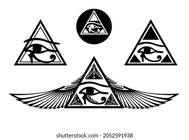 ancient egyptian style Eye of Horus inside triangle pyramid shape - vector design set of magical all seeing and new order masonic symbols