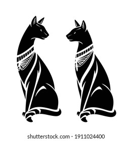 ancient egyptian style sitting cats representing Bastet goddess - elegant black and white vector silhouette outlines