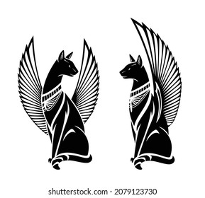 ancient egyptian style sitting winged cats representing Bastet goddess - elegant black and white vector mythical creatures silhouette outlines