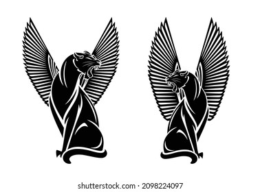 ancient egyptian style sitting winged cats representing Bastet goddess - elegant black and white vector mythical black panther silhouette outlines