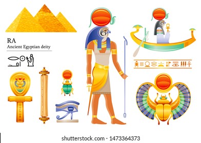 Ancient Egyptian Sun god Ra icon set. Falcon sun deity, solar disk, barque, scarab, papyrus scroll, ankh, eye. 3d cartoon vector illustration. Old mural art from Egypt. Isolated on white background