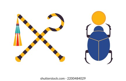 Ancient Egyptian Symbol with Crossed Sceptre and Whip and Scarab Beetle Vector Set