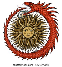 Ancient Egyptian symbol Ouroboros. Snake biting its tail and the sun inside. Vector illustration